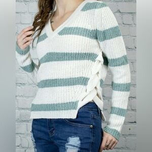 Fate Size Sm White and Green Striped V-Neck Sweater With Side Lace Up Features.